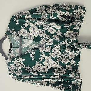 Zara Bohemian Beachy Green Floral Waist Tie V Neck Top S (33)